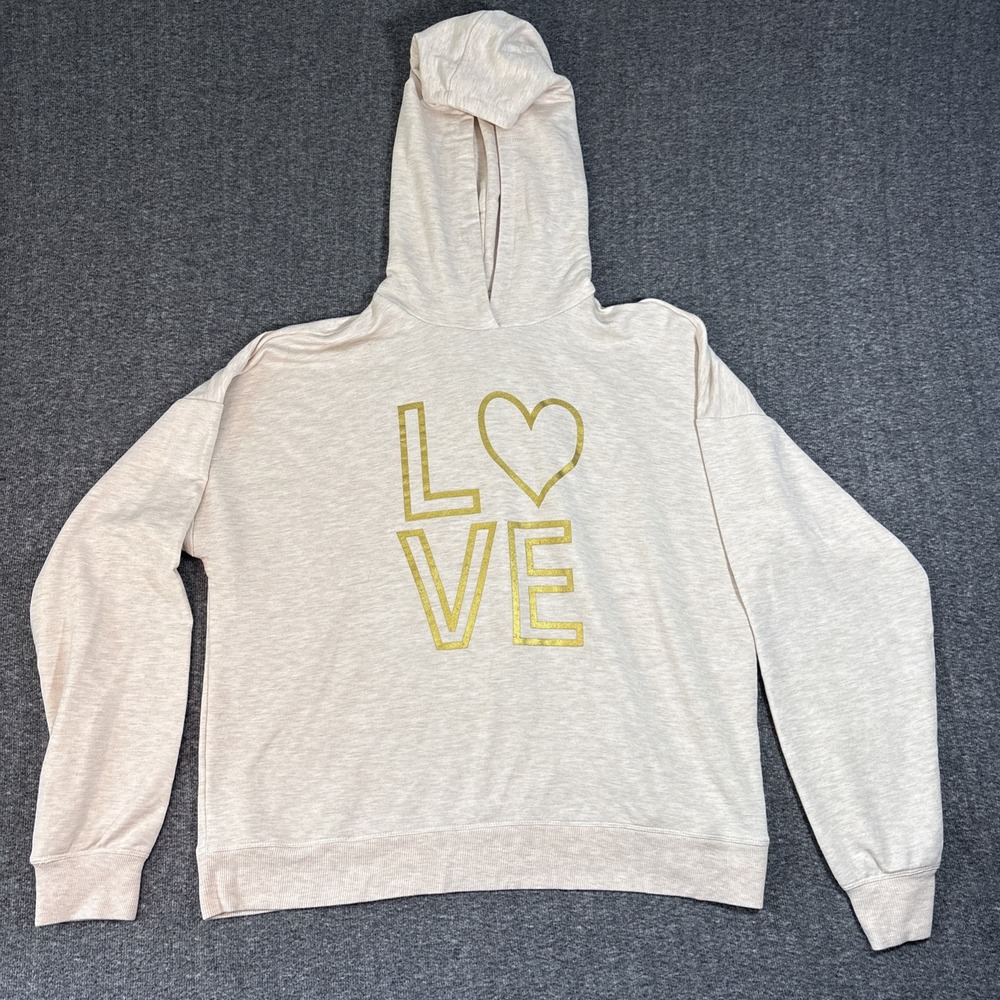 Marled Reunited Clothing LOVE Hoodie Sweater Women's XL Tan Knit Pullover Soft
